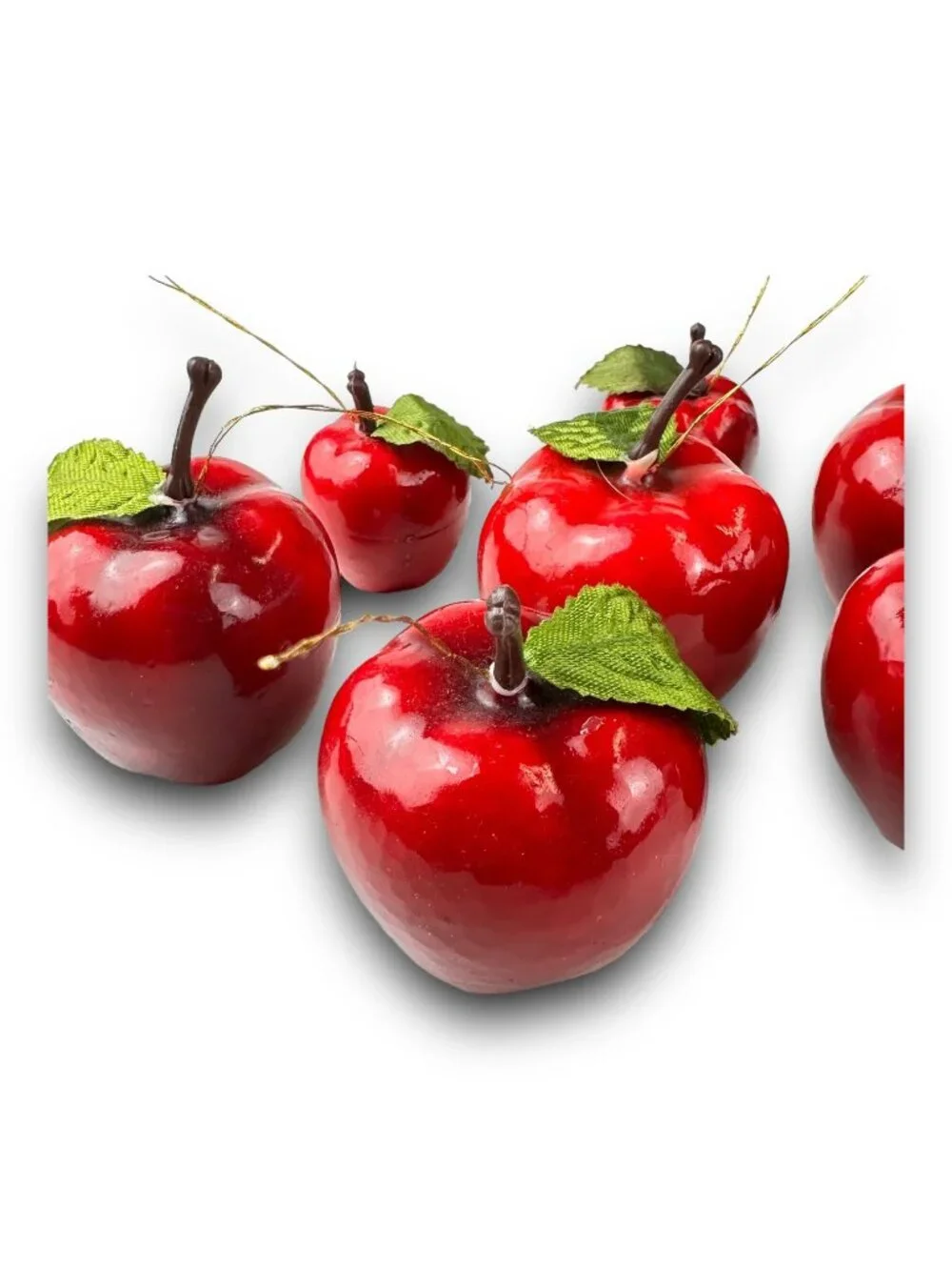 Set Of 7 Faux Red Apple Ornaments With Green Leaves & Stems For Seasonal Decor O